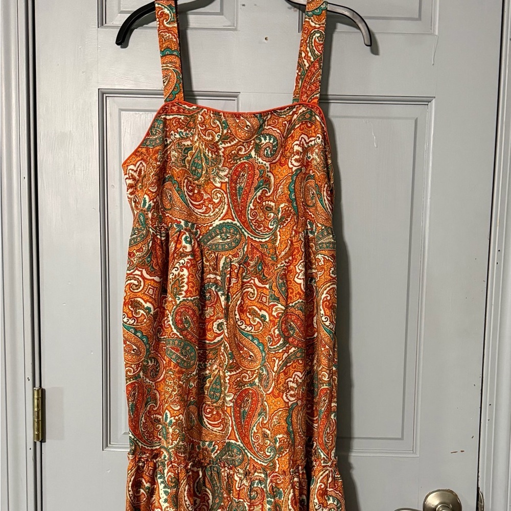 Boho Paisley Midi Dress Orange Green Square Neck Tiered Festival Sundress - Picture 3 of 8